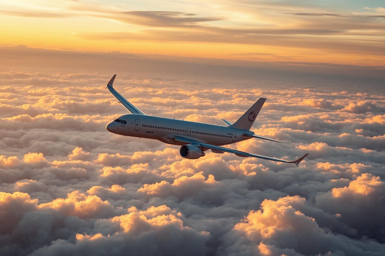 Cargo airplane flying above golden clouds at sunrise