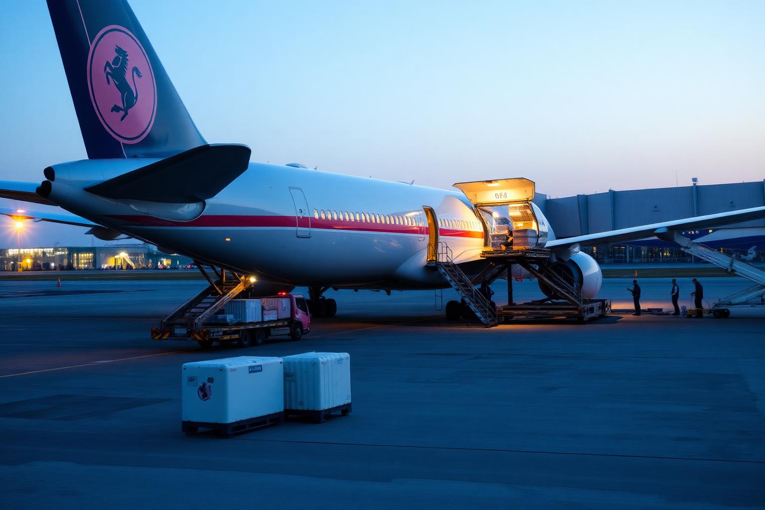 Cargo aircraft being loaded with parcels on tarmac at dusk