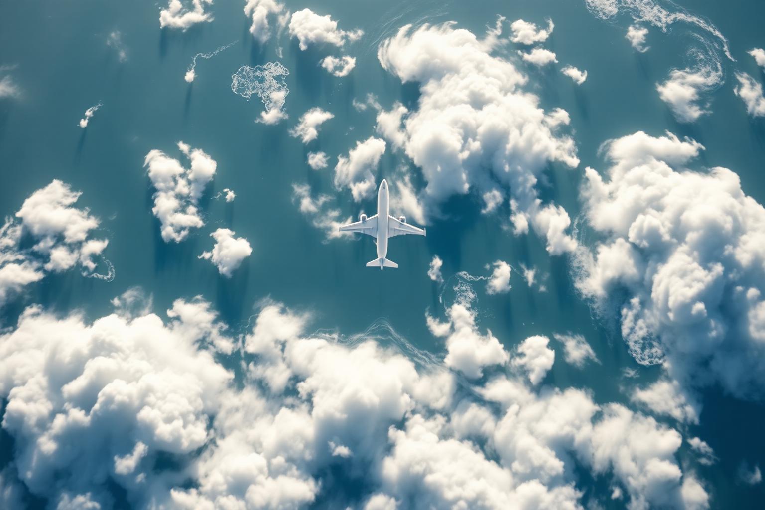Aerial view of a jet flying over ocean and clouds
